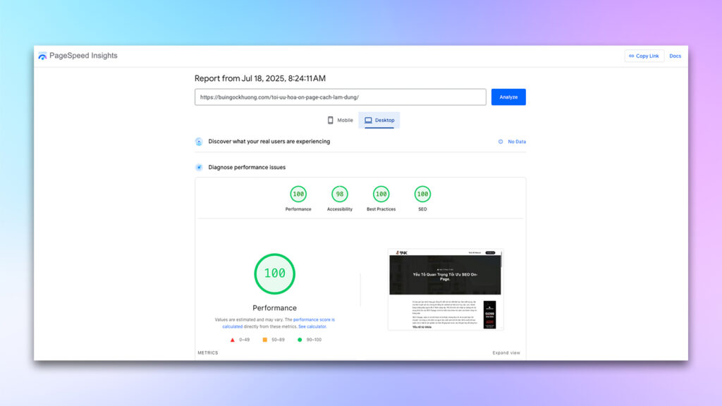 Đo lường bằng PageSpeed Insight Chuẩn seo pagespeed