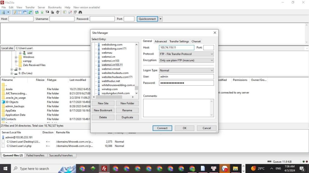 Giao diện filezilla