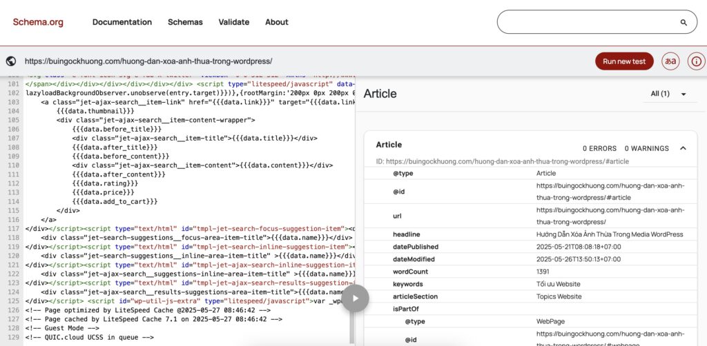 Kết quả test Schema Markup
