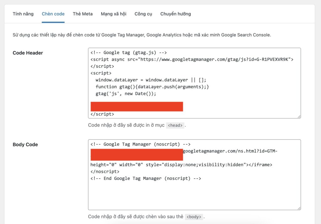 Nơi chèn mã code Slim seo