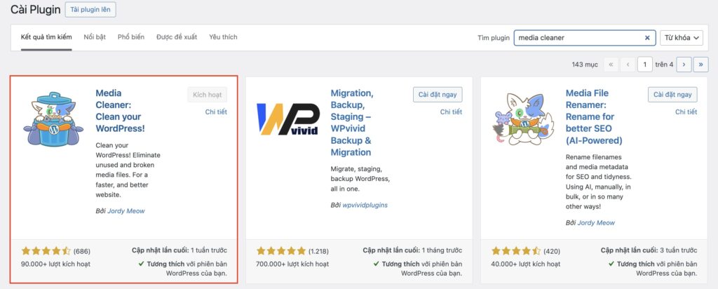 Cài đặt Plugin Media Cleaner