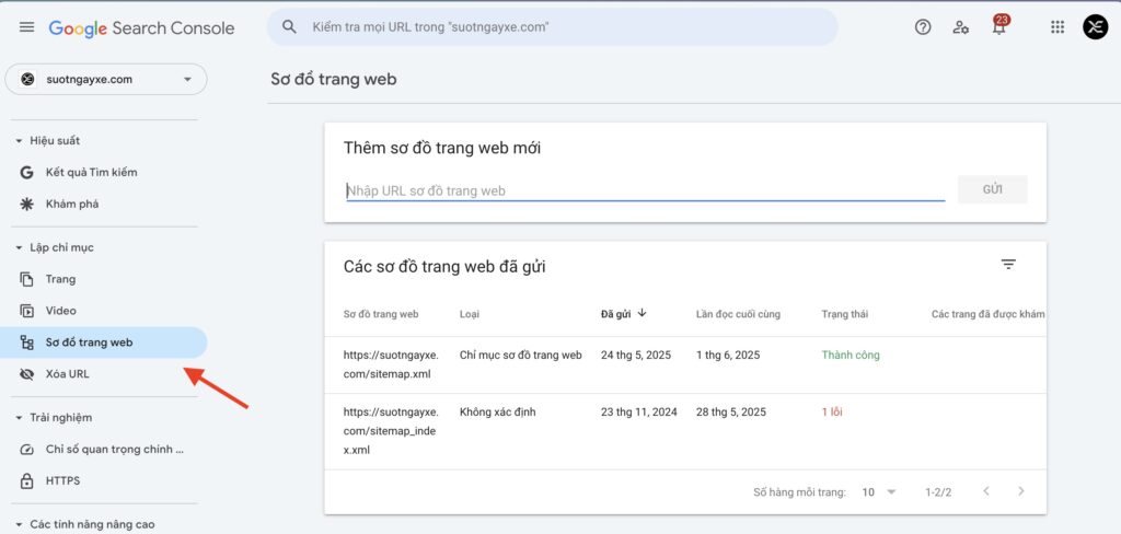 Nhập sơ đồ sitemap lên GSC